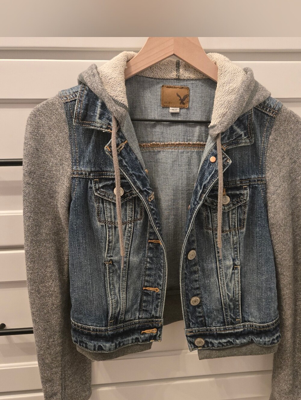 American Eagle Outfitters Blue Denim Jacket with Gray Knit Hoodie